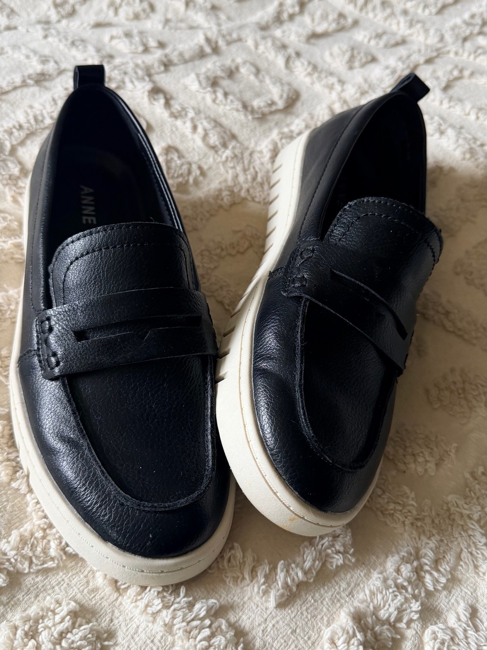 Anne Klein  Black Leather Slip-On Loafers with White Sole
